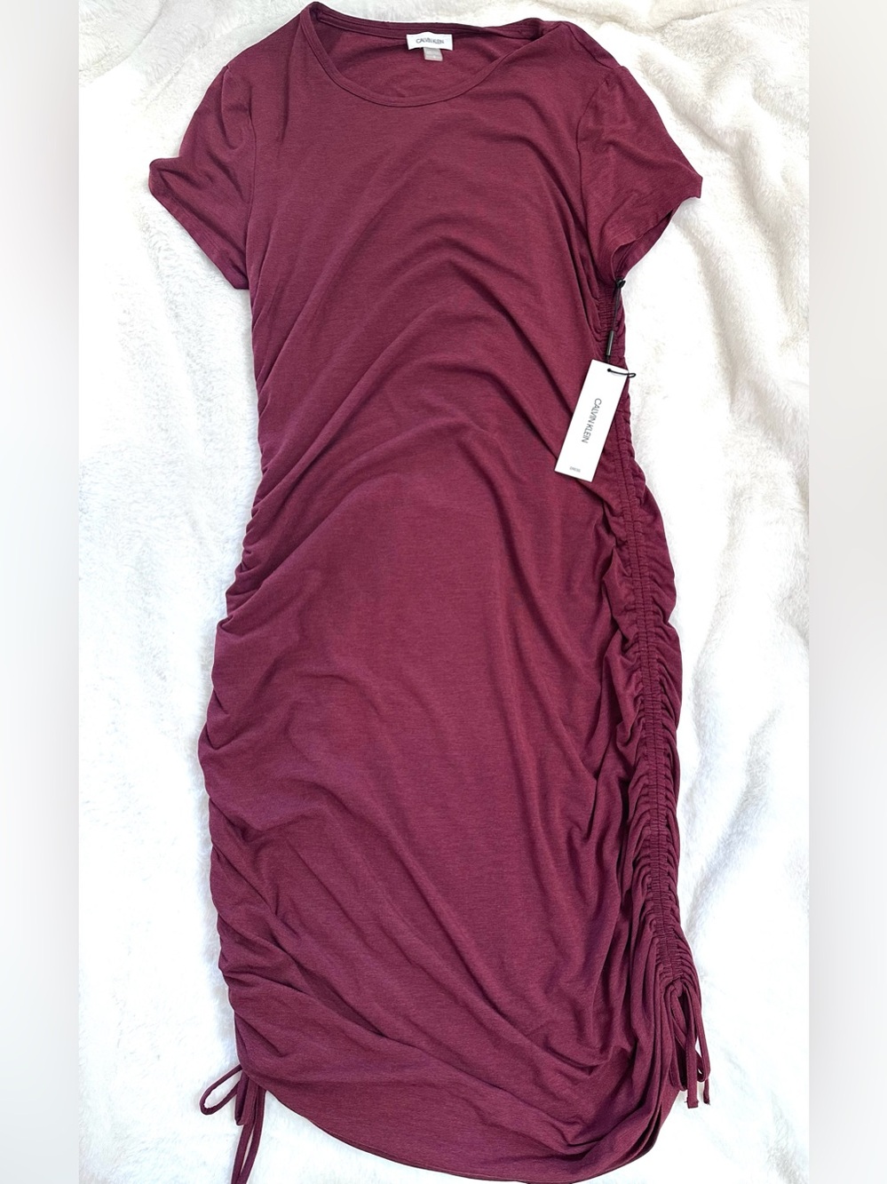 Calvin Klein NWT maroon/rose dress with side ruching and ties.